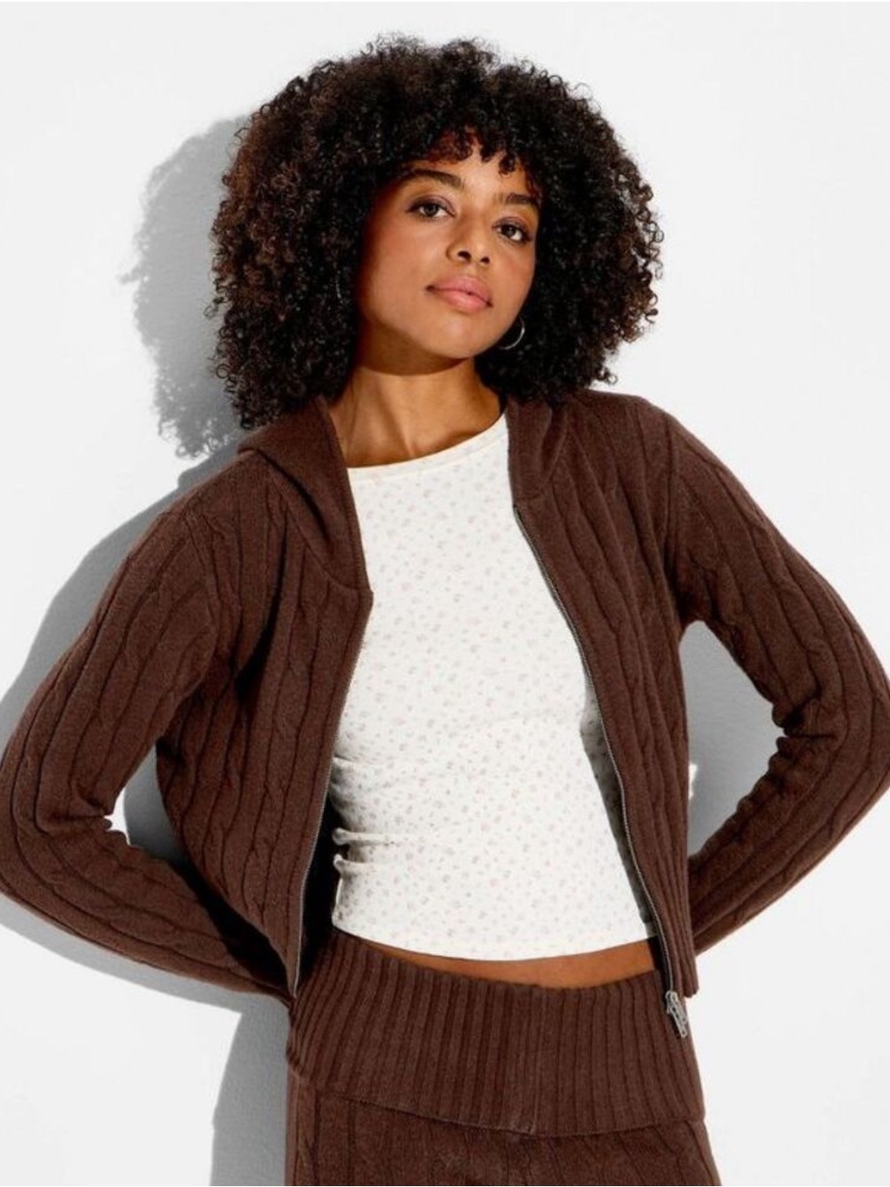Wild fable NWT L  Brown SOFT Cable-Knit double Zip Front Hoodie Sweater